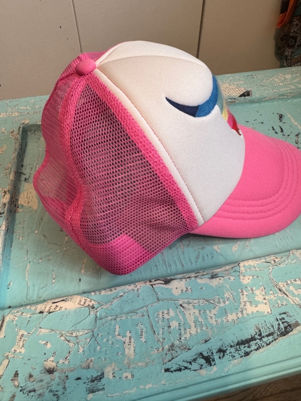 Rainbow Embroidered Longhorn Bull Trucker Hat Pink Mesh Boho Coastal Cowgirl - Picture 3 of 7